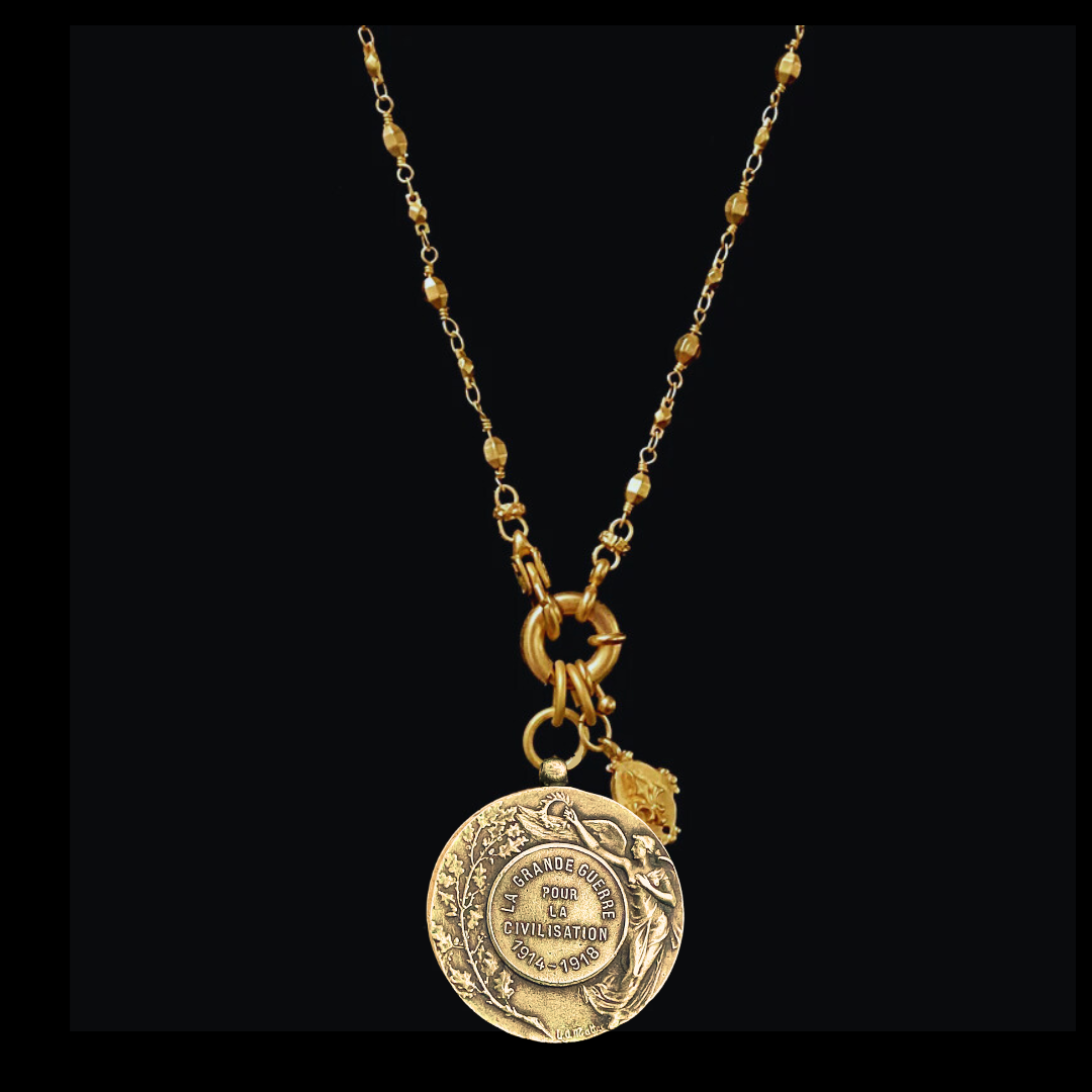 Saint Michael Pax Medallion with Tiny Fleur de Lis Bead  Chain Necklace  Gold