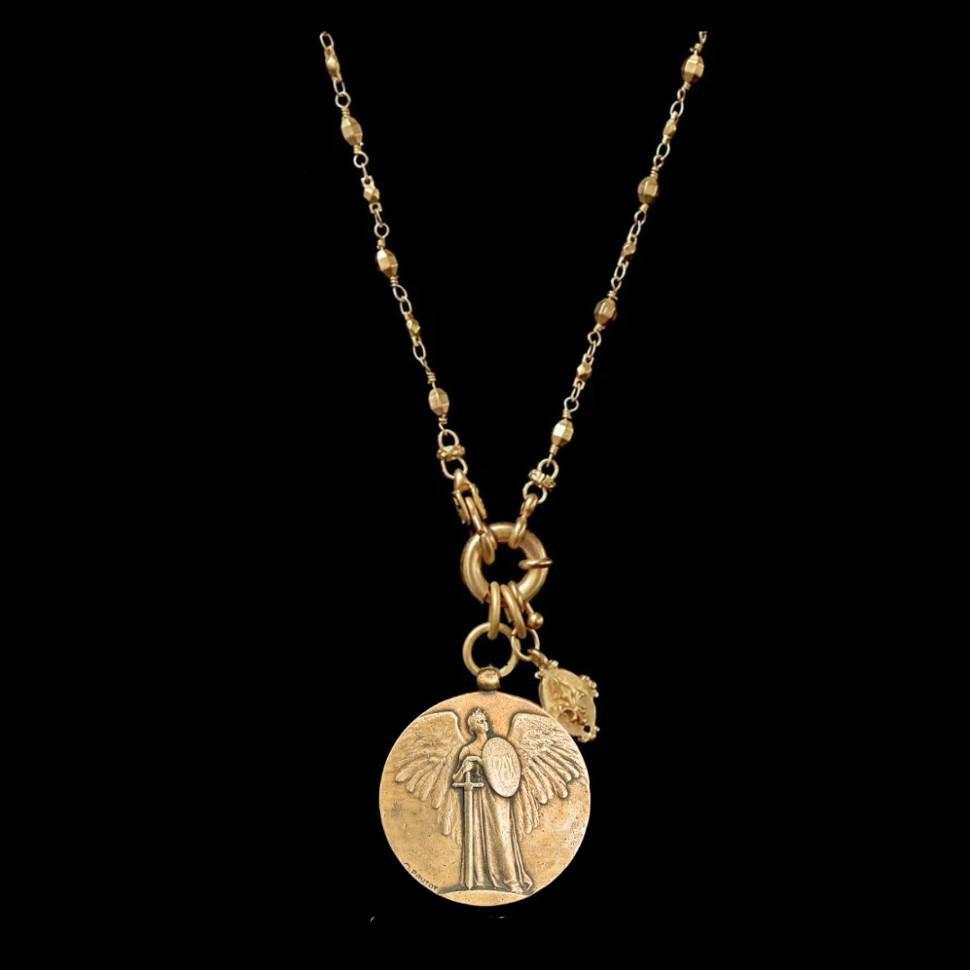 Saint Michael Pax Medallion with Tiny Fleur de Lis Bead  Chain Necklace  Gold