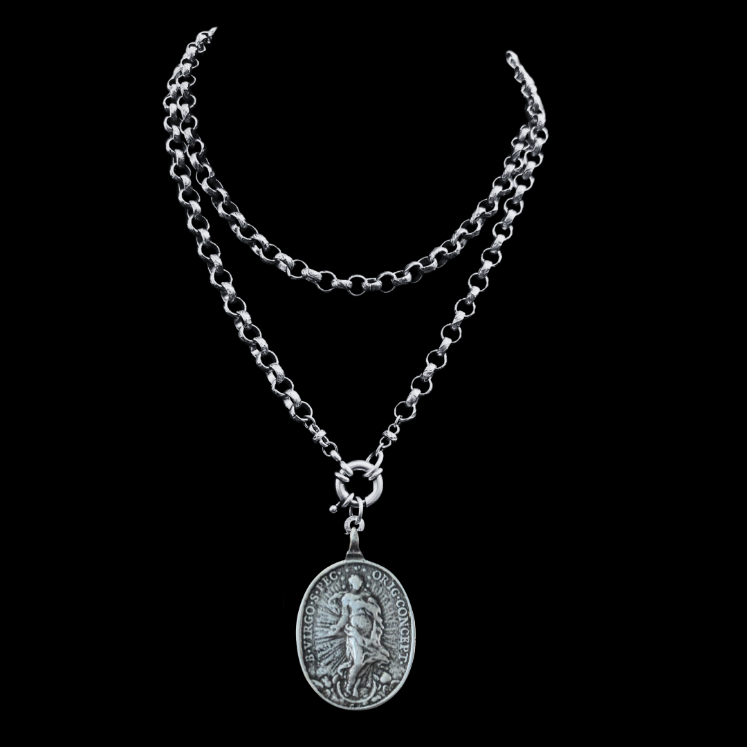 North Star Madonna with Saint Michael the Archangel Renaissance Chain Necklace - Silver