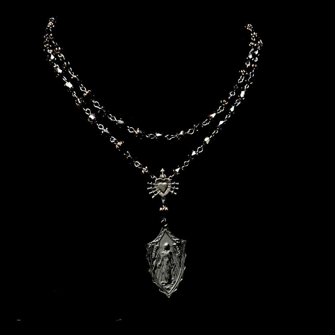 Montserrat Black Madonna Seven Swords Necklace in Black Jet Cathedral Beads