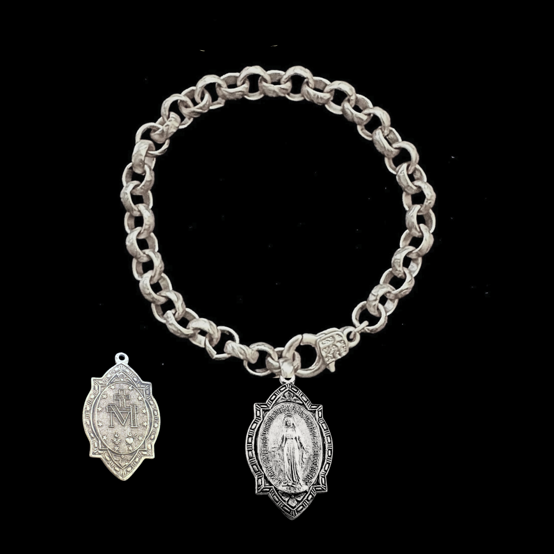 Miraculous Medal Medieval Cable Chain Bracelet in Silver