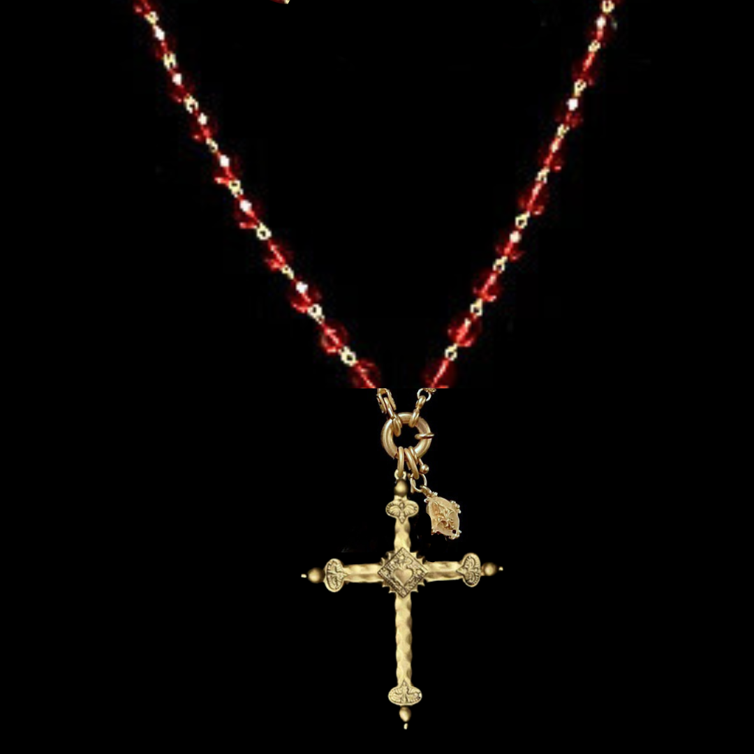 la Sainte-Marie Sacred Heart Cross Necklace in Garnet & Gold
