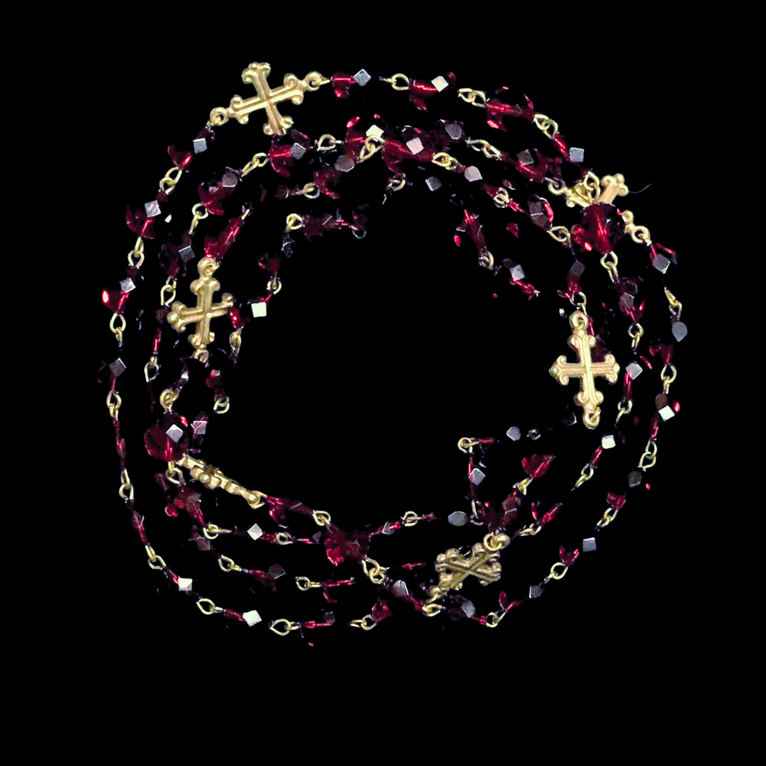 Majestic Mary Magdalene Fleur de Lis Cross Wrap Garnet & Gold Necklace / Bracelet