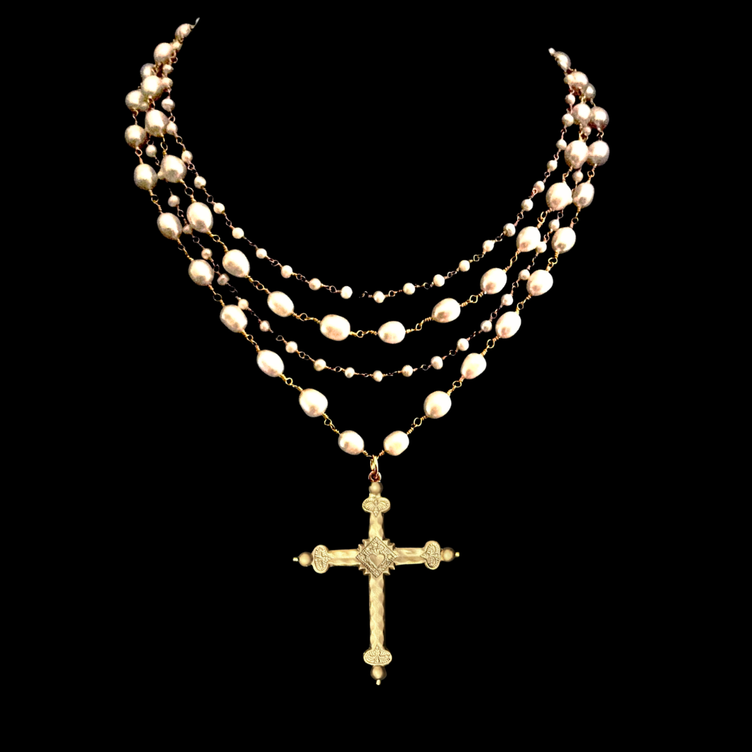 Sophia Freshwater Pearl Sacred Heart Cross Necklace in Gold by Whispering Goddess