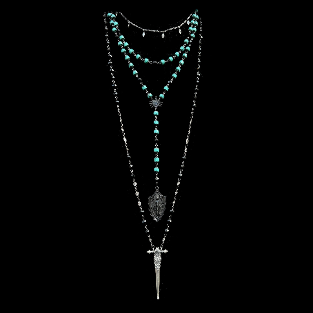Black Madonna  Seven Swords Drop Necklace in Turquoise Cathedral Beads by Whispering Goddess