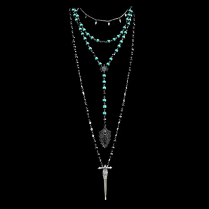 Black Madonna  Seven Swords Drop Necklace in Turquoise Cathedral Beads by Whispering Goddess