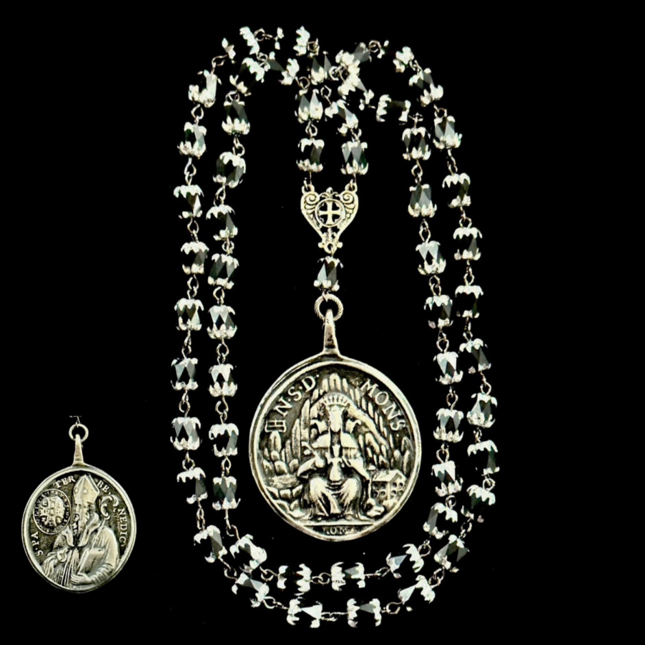 Sterling Silver Black Madonna of Montserrat in Black Jet & Silver Cathedral Bead Necklace