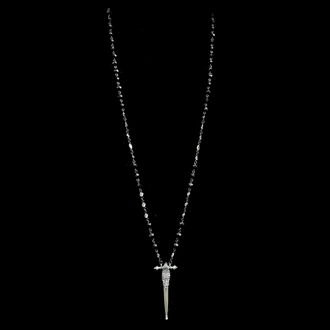 The Fierbois Sword  Black Rose Carved Jet Necklace & Sterling Silver