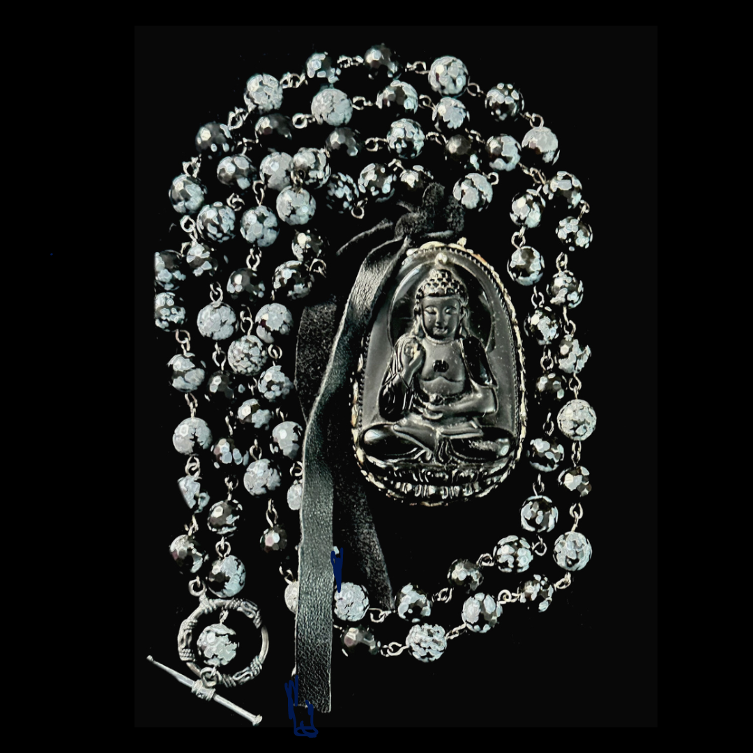 Limited Edition Carved Repousse  Buddha in Black & Snowflake Obsidian Necklace