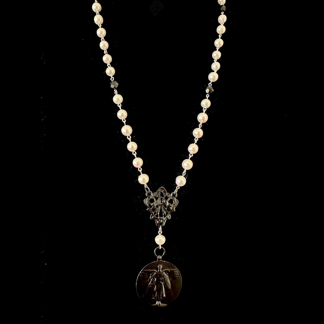 Mystique Black Enamel Saint Michael Freshwater Pearl Necklace