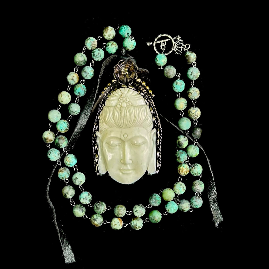 Limited Edition  Carved Repousse Silver Buddha in African Turquoise  Necklace