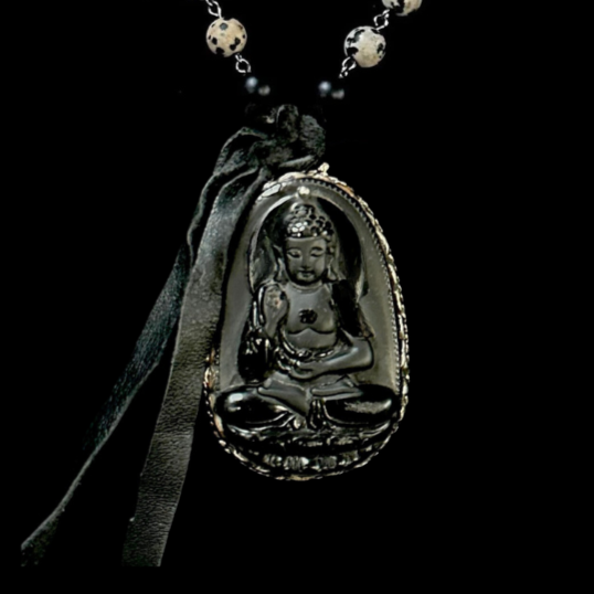 Limited Edition Carved Repousse  Buddha in Dalmatian Jasper Necklace