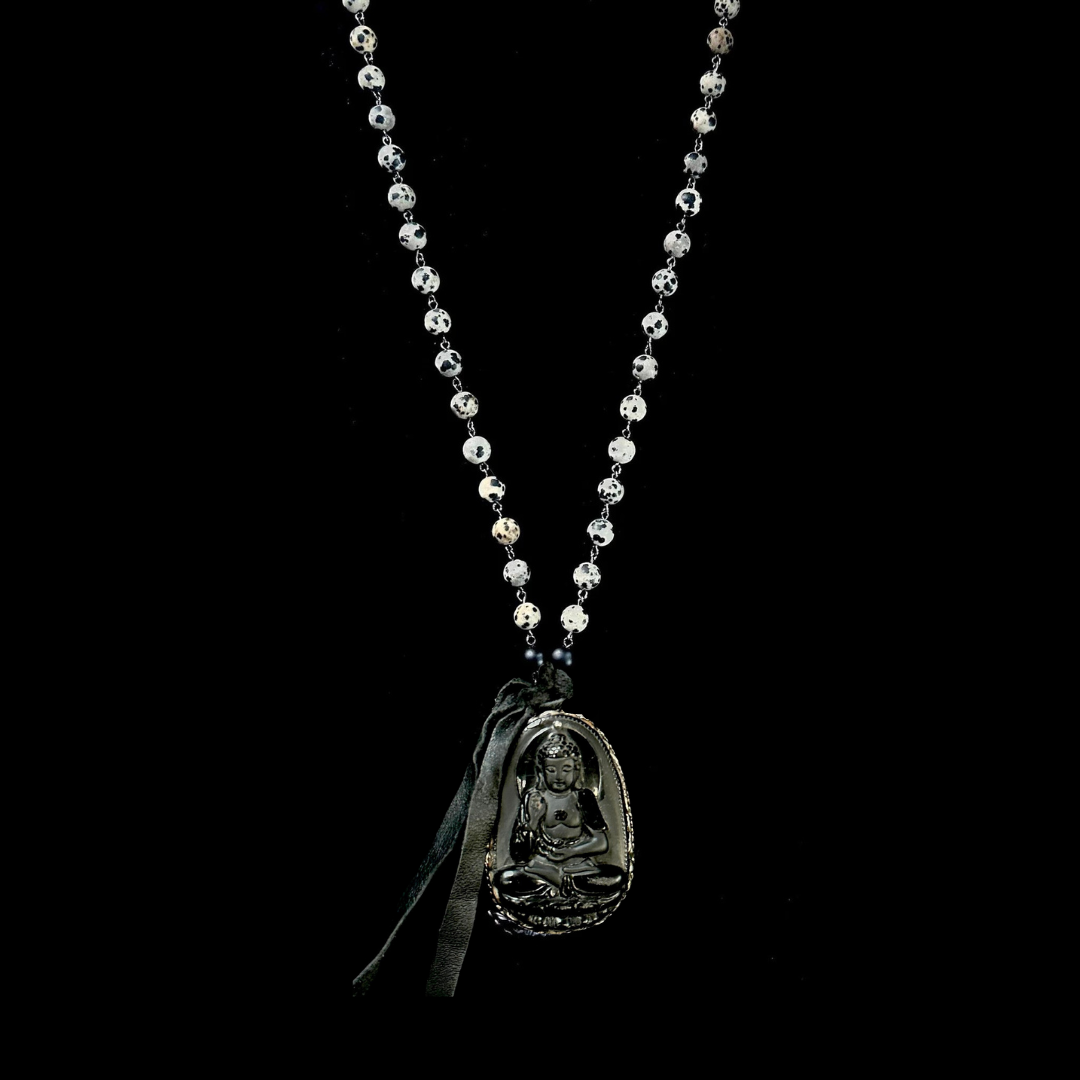 Limited Edition Carved Repousse  Buddha in Dalmatian Jasper Necklace