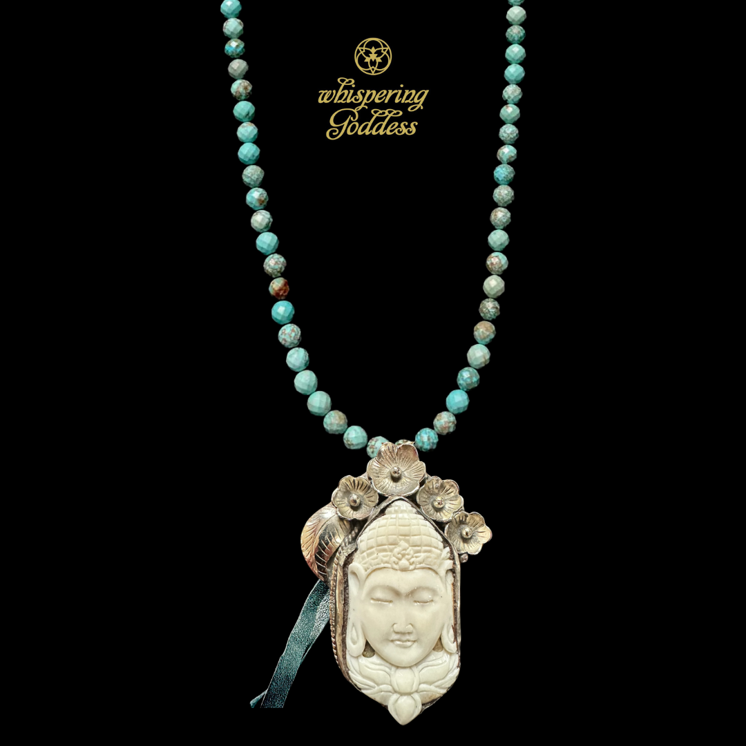 Limited Edition  Carved Repousse Silver Buddha in Faceted Turquoise Necklace