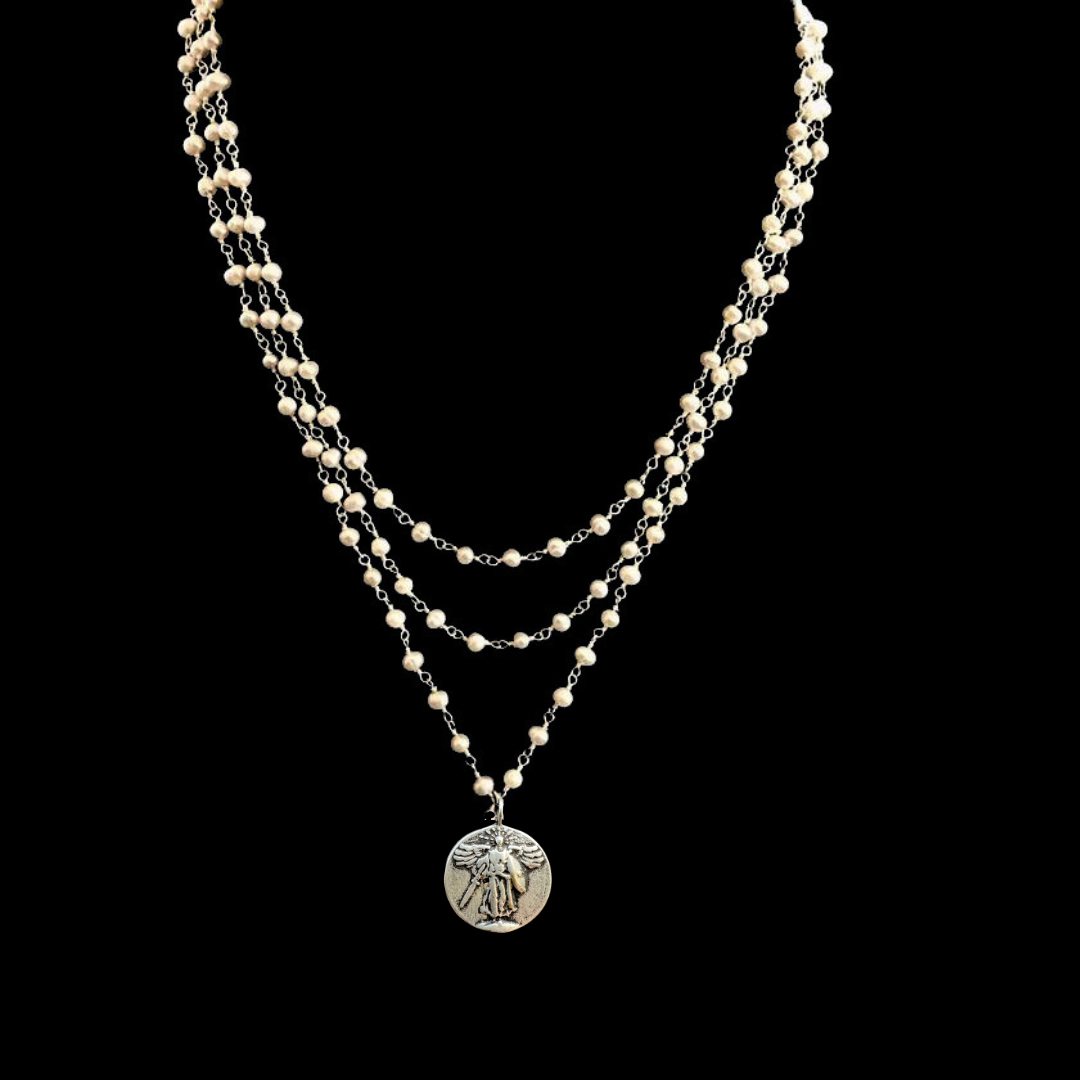 Petite Saint Michael Peace Angel Trinity Freshwater Pearl Necklace - Silver