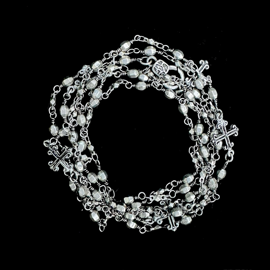 Fleur de Lis Cross Silver Bead Chain Wrap Necklace/Bracelet