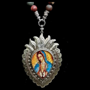 One of a Kind Virgin of Guadalupe Red Creek Jasper Deerskin Necklace