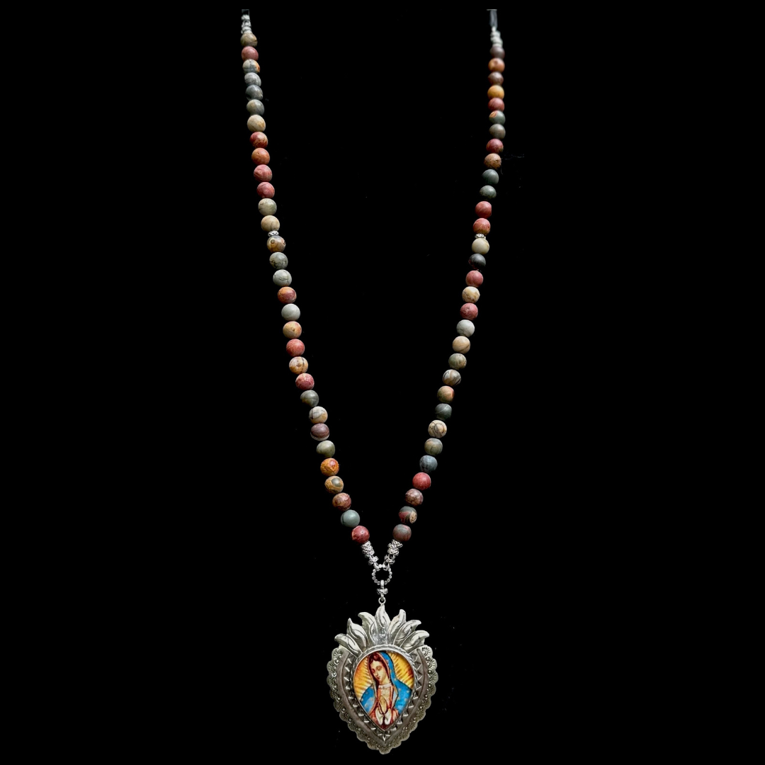 One of a Kind Virgin of Guadalupe Red Creek Jasper Deerskin Necklace