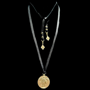 Saint Michael Black Deerskin Necklace in Gold