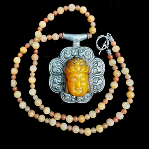 One of a Kind  Repousse Silver Buddha with Butter Quartz and Aventurine Necklace