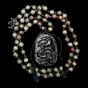Limited Edition Carved Obsidian Dragon & Phoenix in Dragonblood Necklace