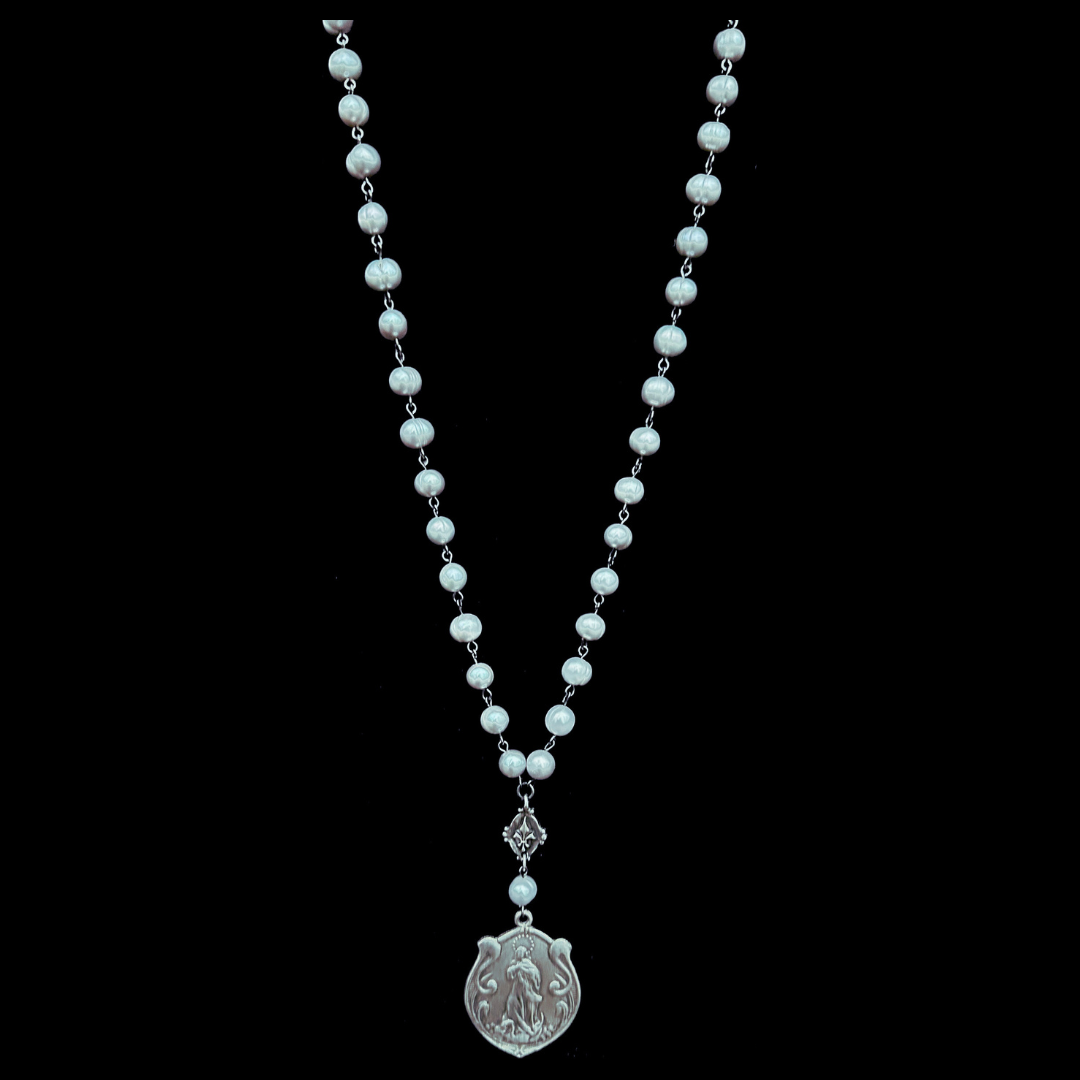 Moonglow Art Nouveau Madonna in Silver Freshwater Pearls