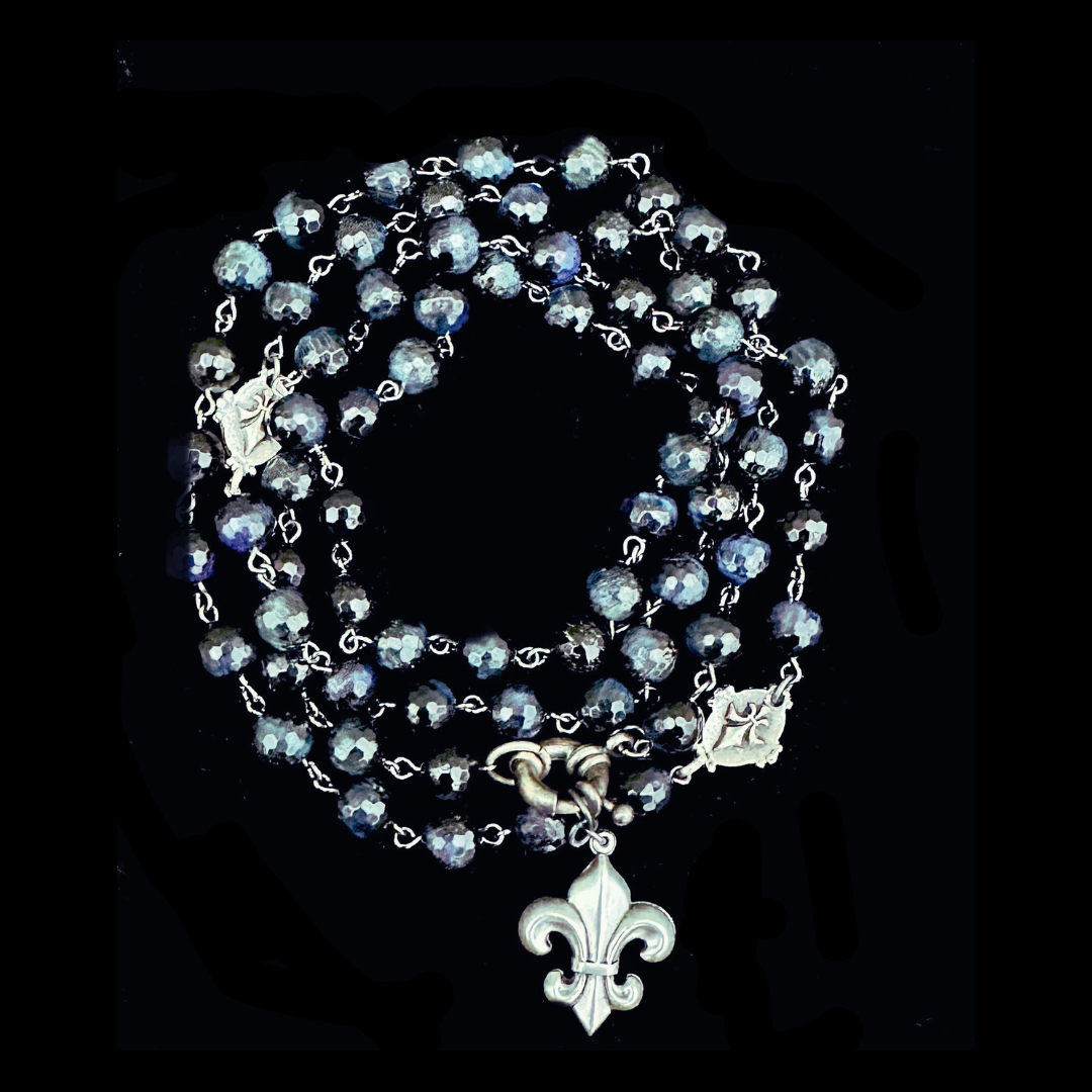 Fleur de Lis Cross Wrap Blue Tiger Eye Necklace / Bracelet