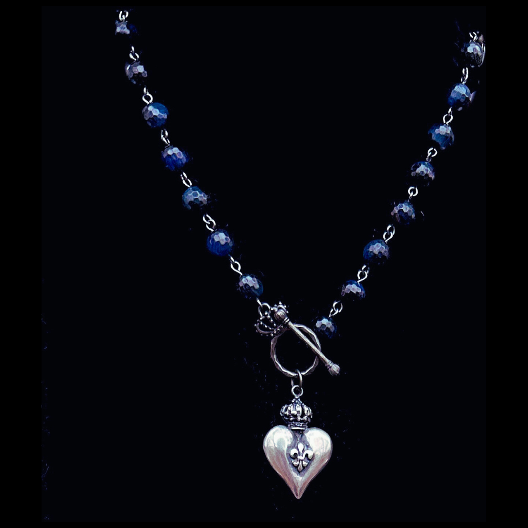 Blue Tiger Eye Sacred Heart Necklace - Silver
