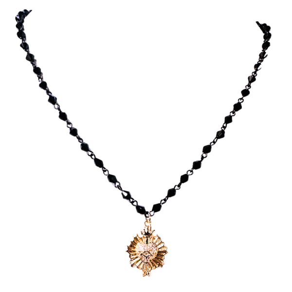 Flaming Sacred Heart Necklace in Black Jet & Gold by Whispering