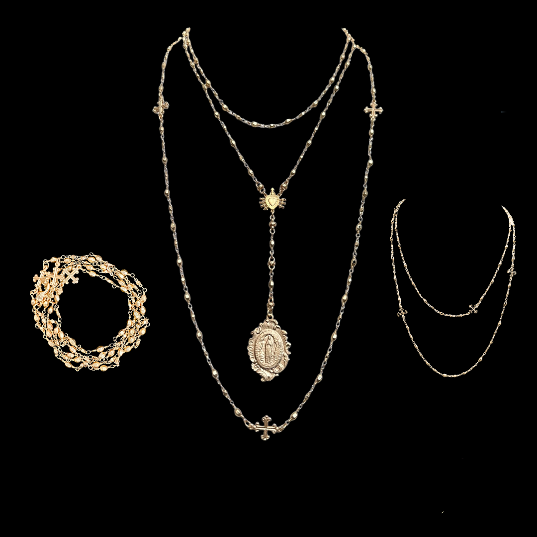 Virgin of the Golden Heart & Fleur de Lis Cross Gold Bead Chain Necklace / Bracelet Set - Gold