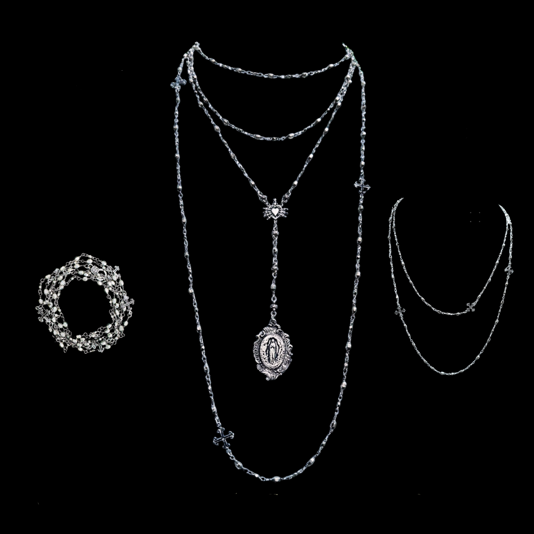 Virgin of the Golden Heart & Fleur de Lis Cross Gold Bead Chain Necklace / Bracelet Set Silver