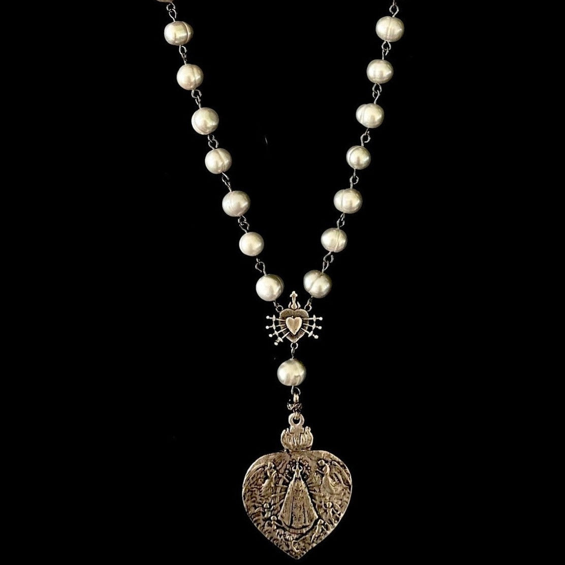 Moonglow Lujan Sword of Seven Sorrows  Rosary Silver Freshwater Pearl Necklace