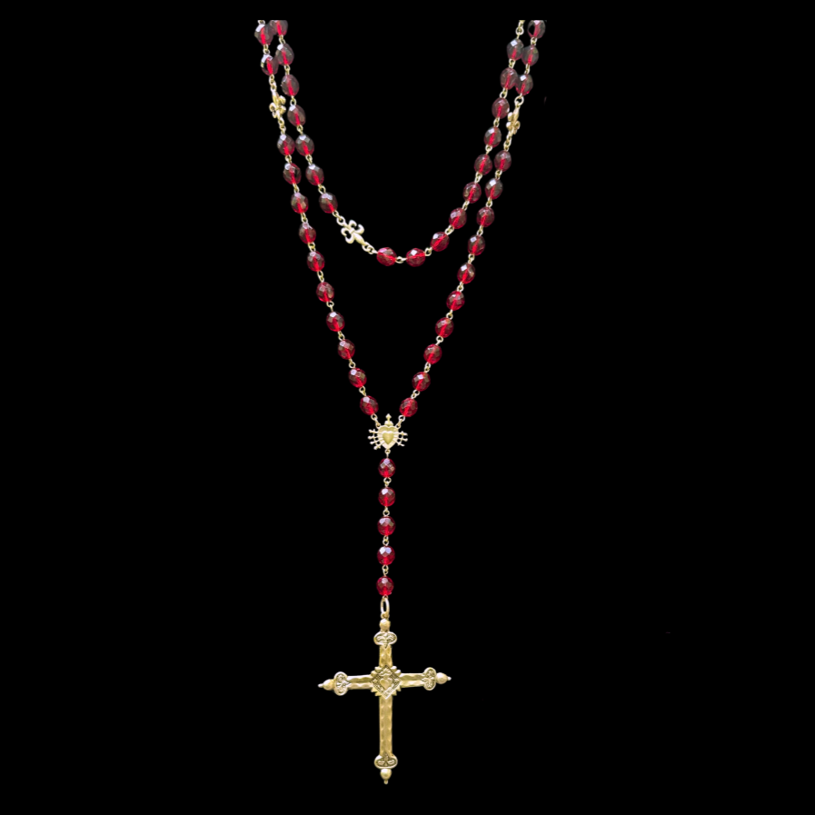 Forgotten Graces  Seven Joys Sacred Heart Rosary Necklace in Garnet & Gold