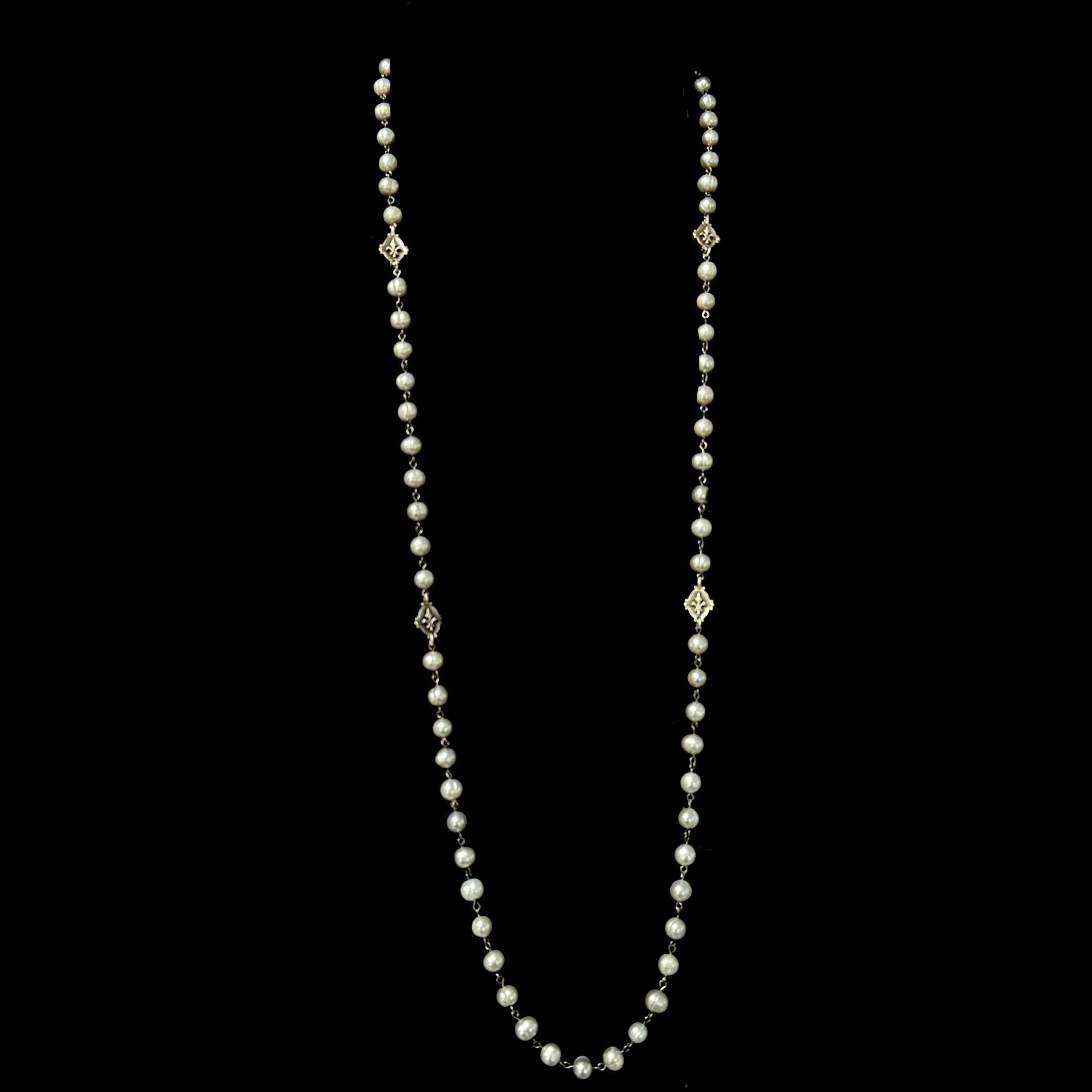 Moonglow Tiny Fleur de Lis Wrap Silver Freshwater Pearl Necklace / Wrap Bracelet  by Whispering Goddess