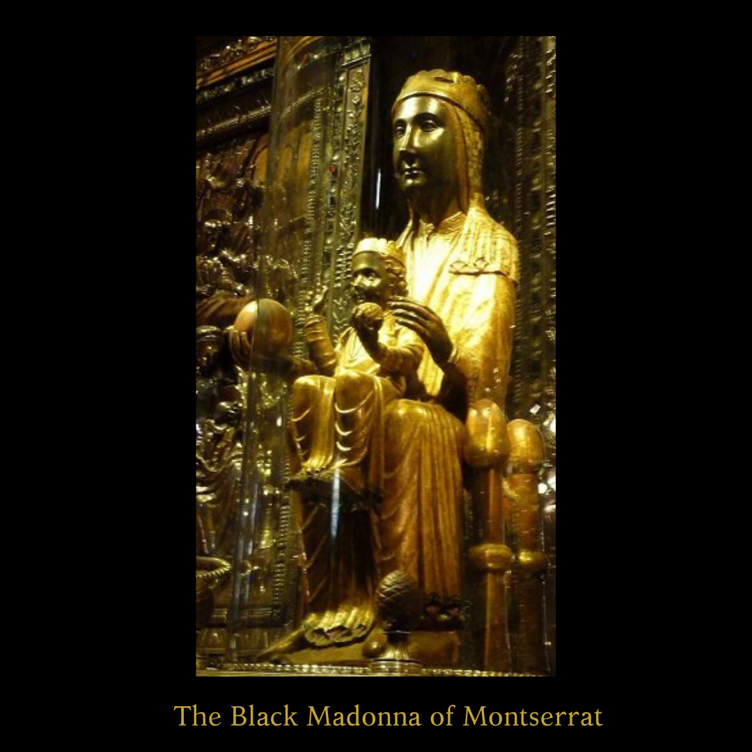 Sterling Silver Black Madonna of Montserrat in Black Jet & Silver Cathedral Bead Necklace