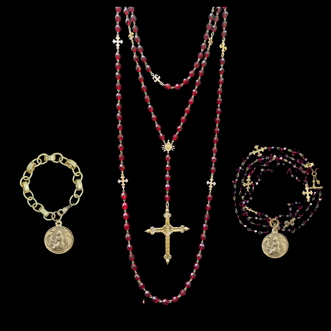 Forgotten Graces  Seven Joys Sacred Heart Rosary Necklace in Garnet & Gold
