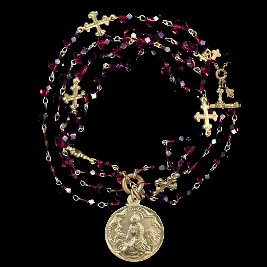 Majestic Mary Magdalene Fleur de Lis Cross Wrap Garnet & Gold Necklace / Bracelet
