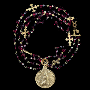 Majestic Mary Magdalene Fleur de Lis Cross Wrap Garnet & Gold Necklace / Bracelet