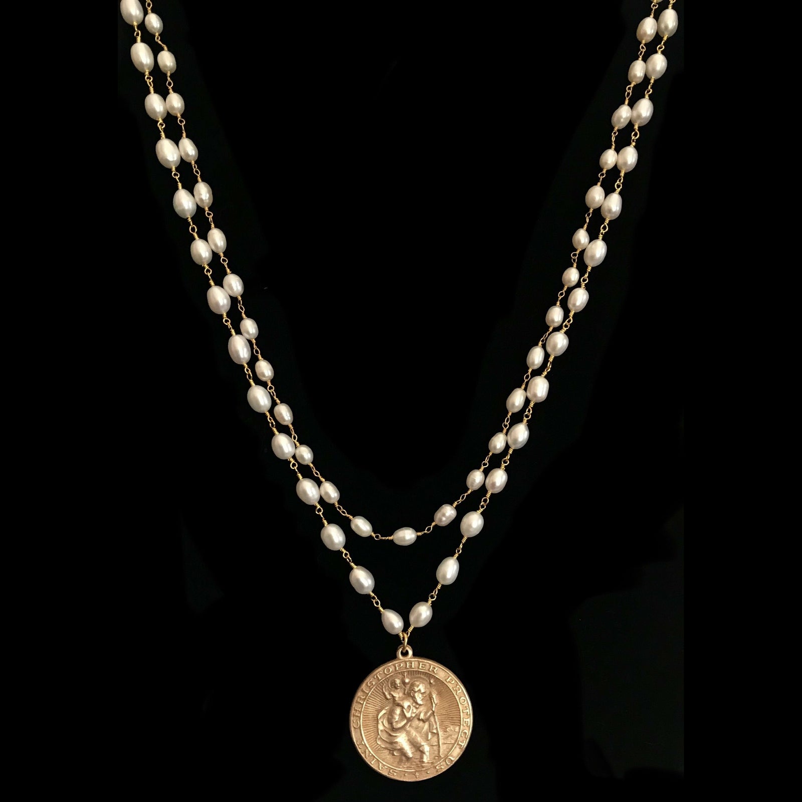 Saint Christopher Trinity Necklace in Freshwater Pearls & Gold by Whispering Goddess