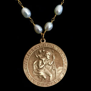 Saint Christopher Trinity Necklace in Freshwater Pearls & Gold by Whispering Goddess