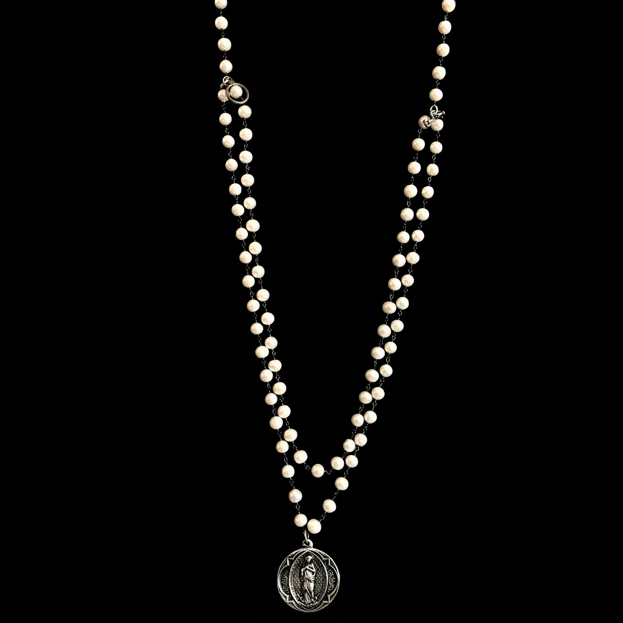Immaculate Heart  Trinity Necklace in Freshwater Pearls & Gunmetal by Whispering Goddess