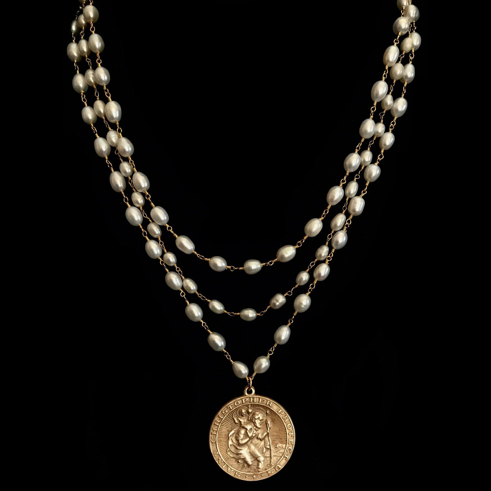 Saint Christopher Trinity Necklace in Freshwater Pearls & Gold by Whispering Goddess