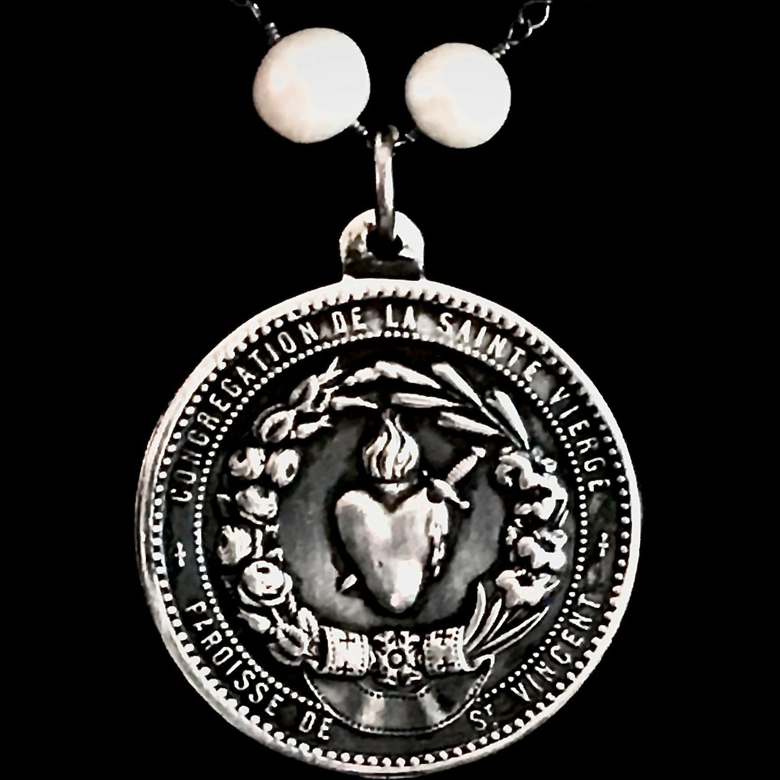 Immaculate Heart  Trinity Necklace in Freshwater Pearls & Gunmetal by Whispering Goddess