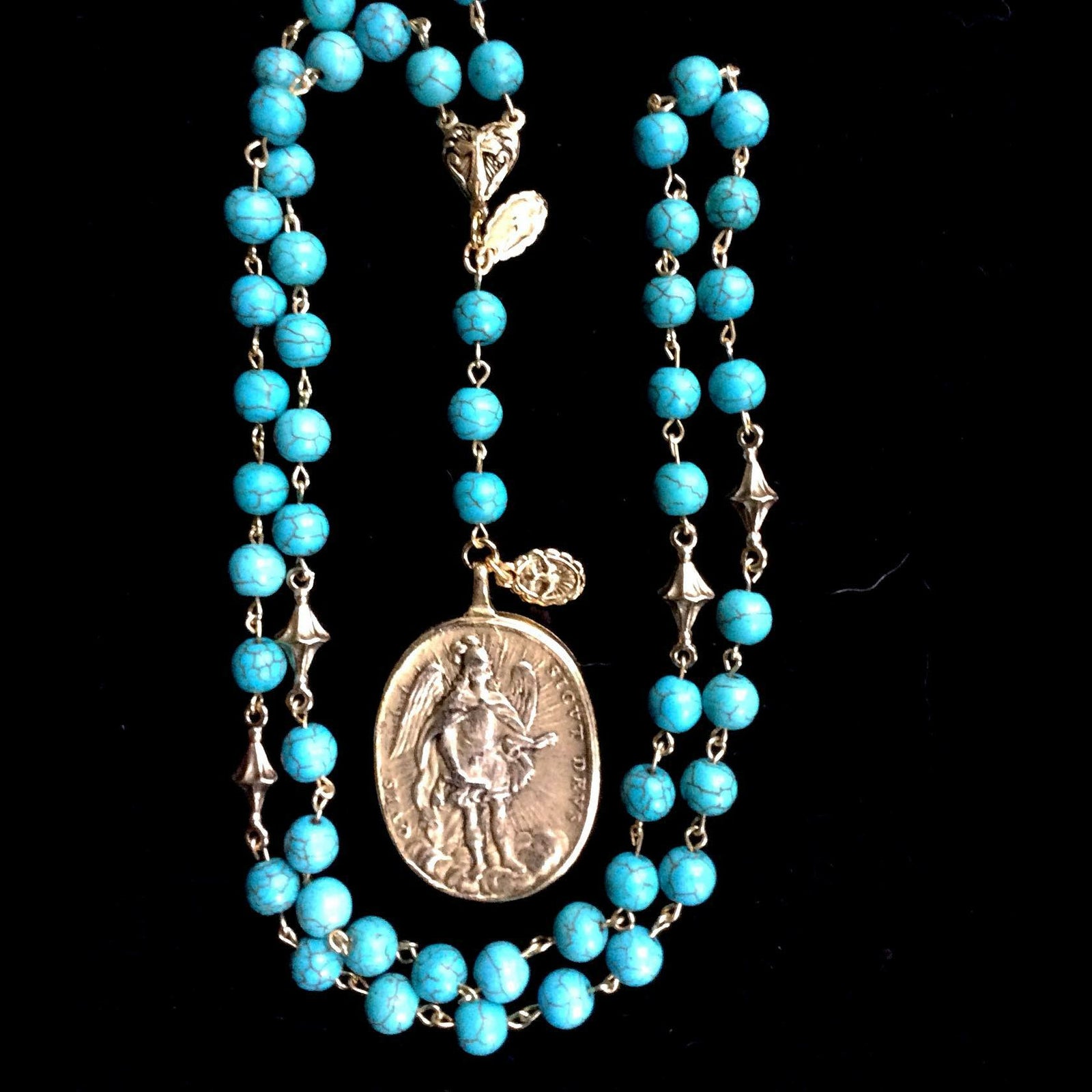Cristo Rey Rosary Necklace with Saint Michael & Guadalupe in Turquoise