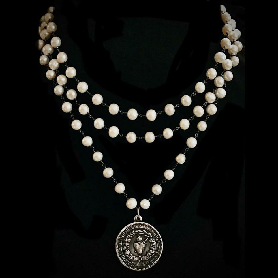Immaculate Heart  Trinity Necklace in Freshwater Pearls & Gunmetal by Whispering Goddess
