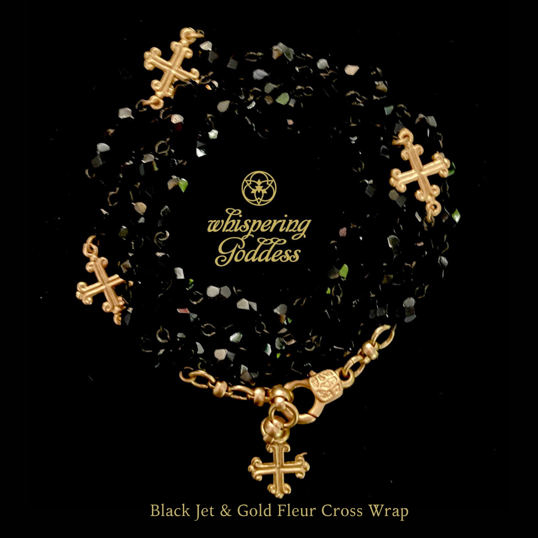 Fleur de Lis Cross Wrap Black Jet & Gold Necklace / Bracelet