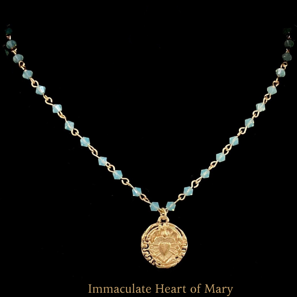 Immaculate Heart of Mary Necklace in Gold and Pacific Opal by Whispering Goddess