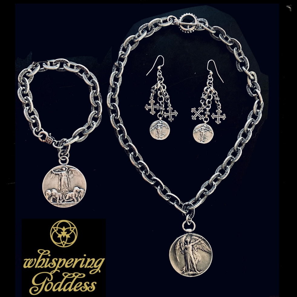 Peace Angel  Fluted Fleur de Lis Cross Earrings by Whispering Goddess -  Silver