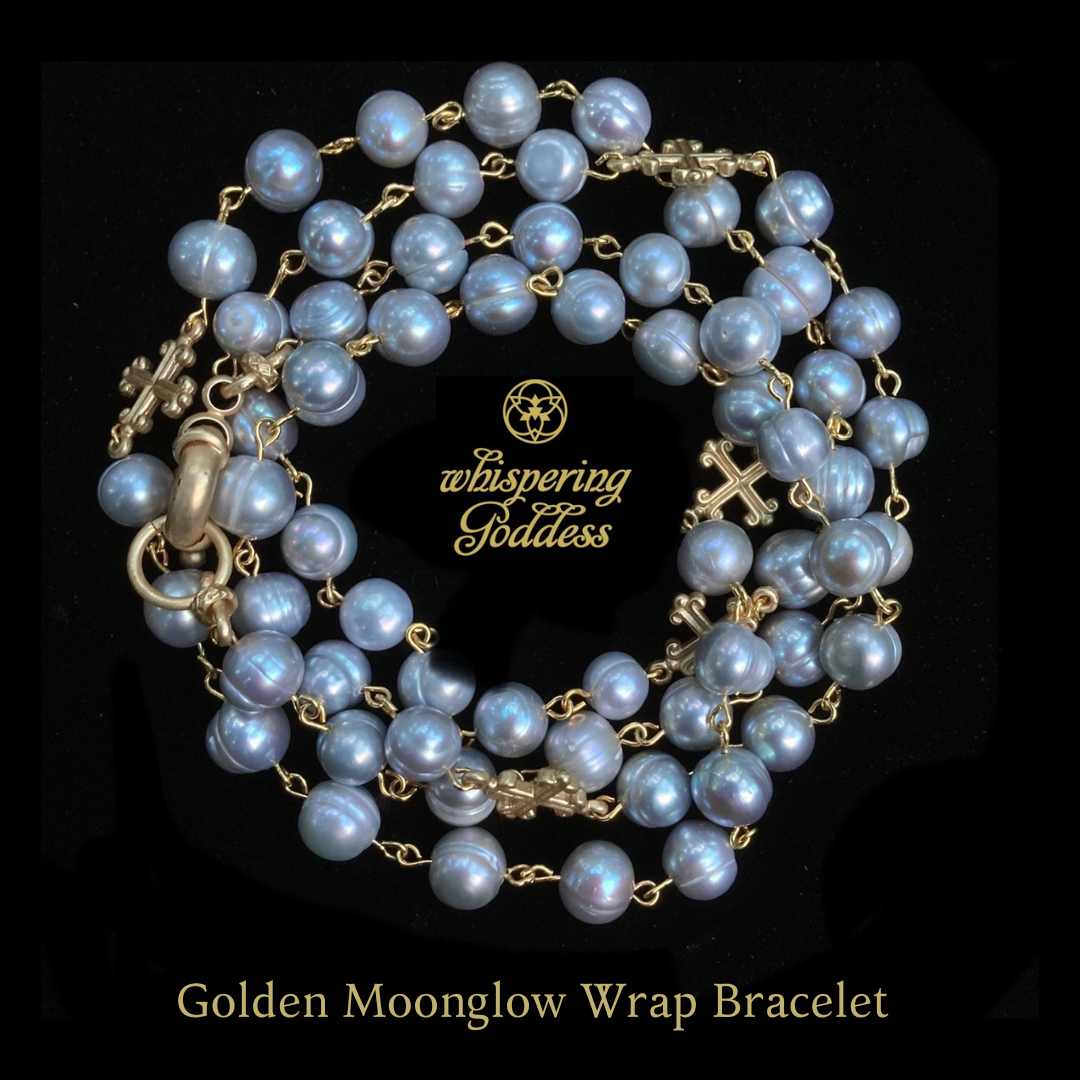 Golden Moonglow Silver Freshwater Pearl Necklace / Wrap Bracelet  with Peace Angel