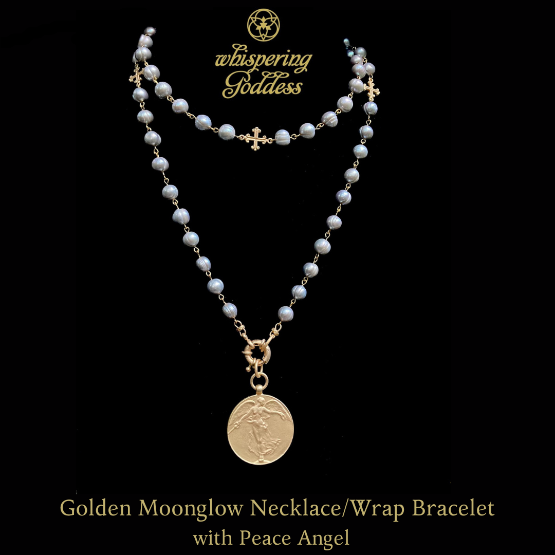Golden Moonglow Silver Freshwater Pearl Necklace / Wrap Bracelet  with Peace Angel